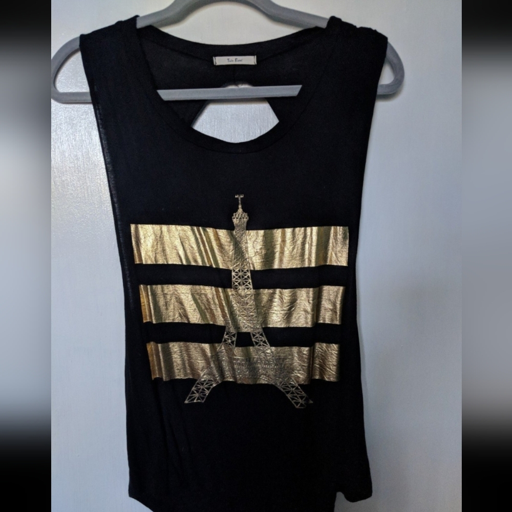 Women's Retro Fashion Graphic Tshirt Tank Top Black Metallic Gold Paris Travel